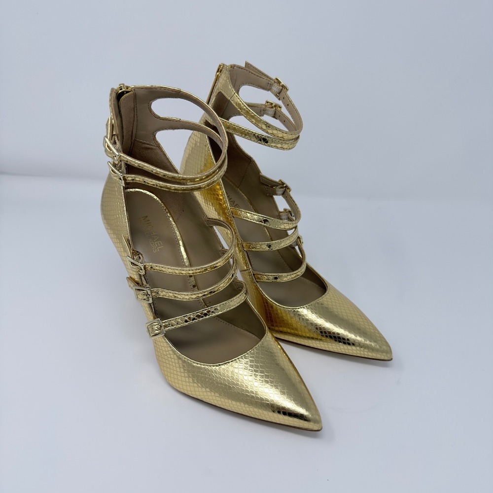 Michael Kors Gold Metallic Snakeskin Embossed Multi Strap Pointed Toe Pumps 7M